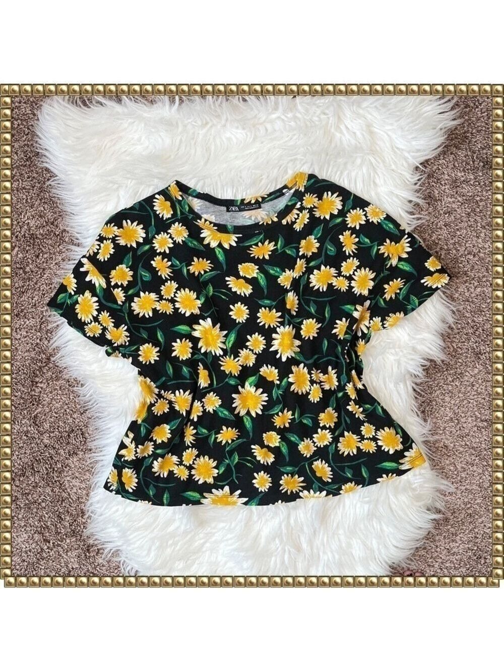 Zara Black Floral Short Sleeve Top Small